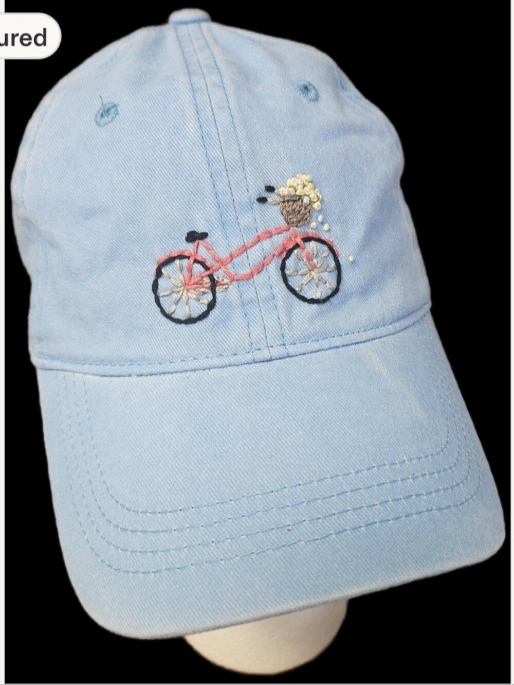 Baseball Cap with Hand Embroidered Bicycle and Flowers